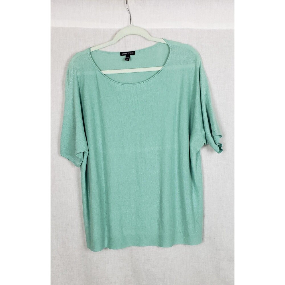 Eileen Fisher Pullover Knit Top‎ L Green Organic Linen Blend Lightweight Casual